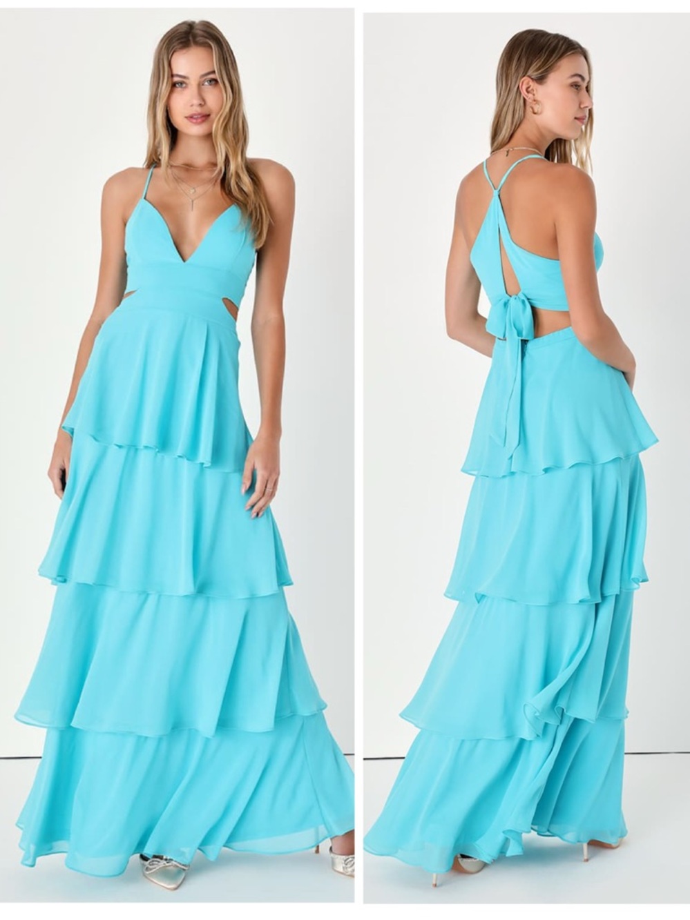 Lulus Tier and Now Blue Tie-Back Tiered Maxi Dress Size Large NWT Wedding Formal